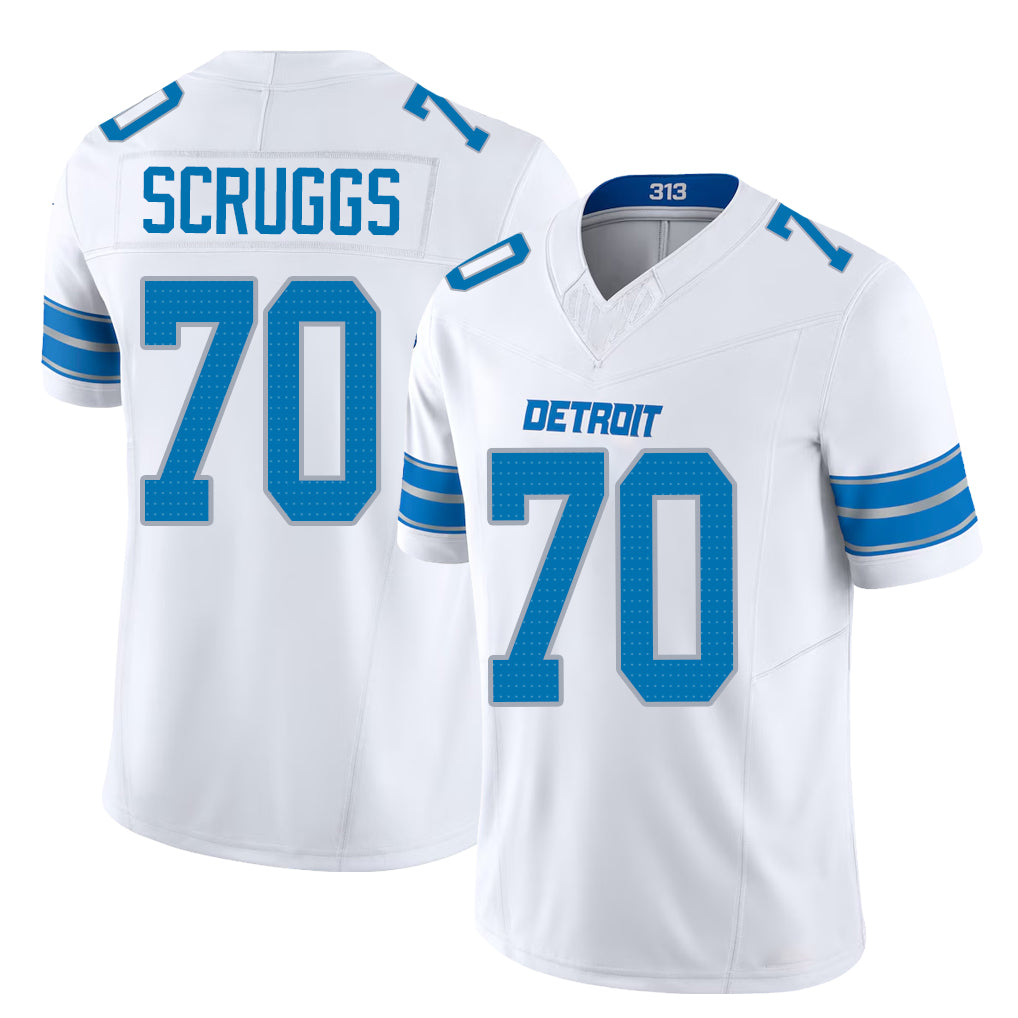 Detroit #70 Scruggs Player Football V Neck Short Sleeve White Jersey Juice For Men Youth Women Gift