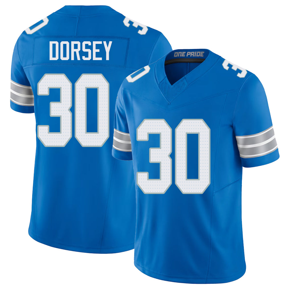 Detroit #30 Dorsey Player Football V Neck Short Sleeve Blue Jersey Khalil For Men Youth Women Gift