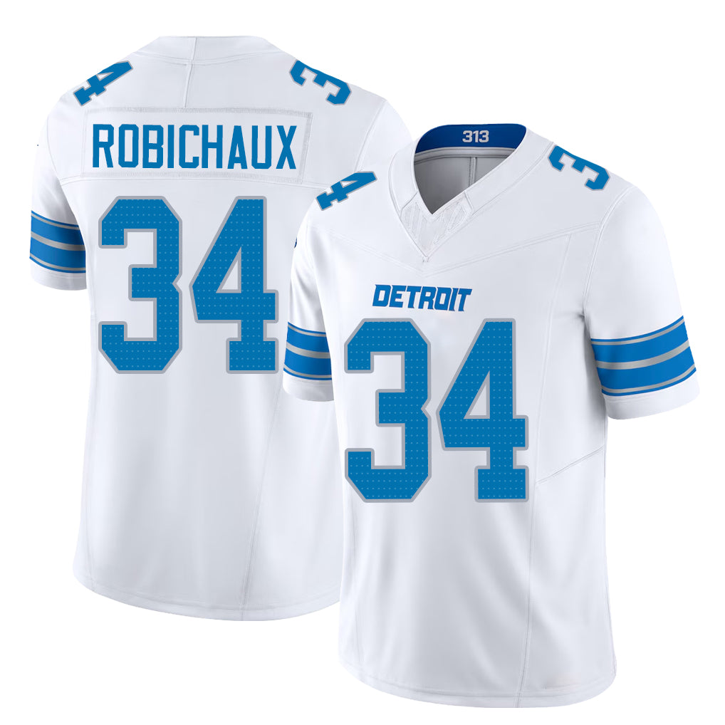 Detroit #34 Robichaux Player Football V Neck Short Sleeve White Jersey Kye For Men Youth Women Gift