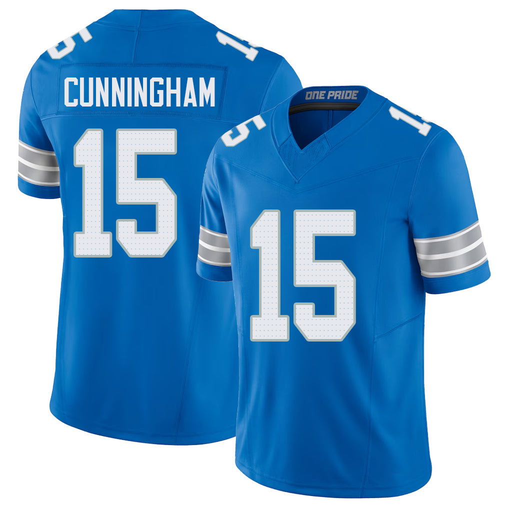 Detroit #15 Cunningham Player Football V Neck Short Sleeve Blue Jersey Malik For Men Youth Women Gift