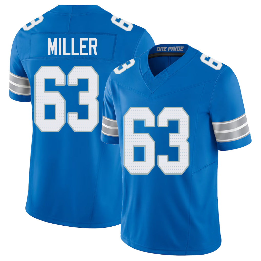 Detroit #63 Miller Player Football V Neck Short Sleeve Blue Jersey Mason For Men Youth Women Gift