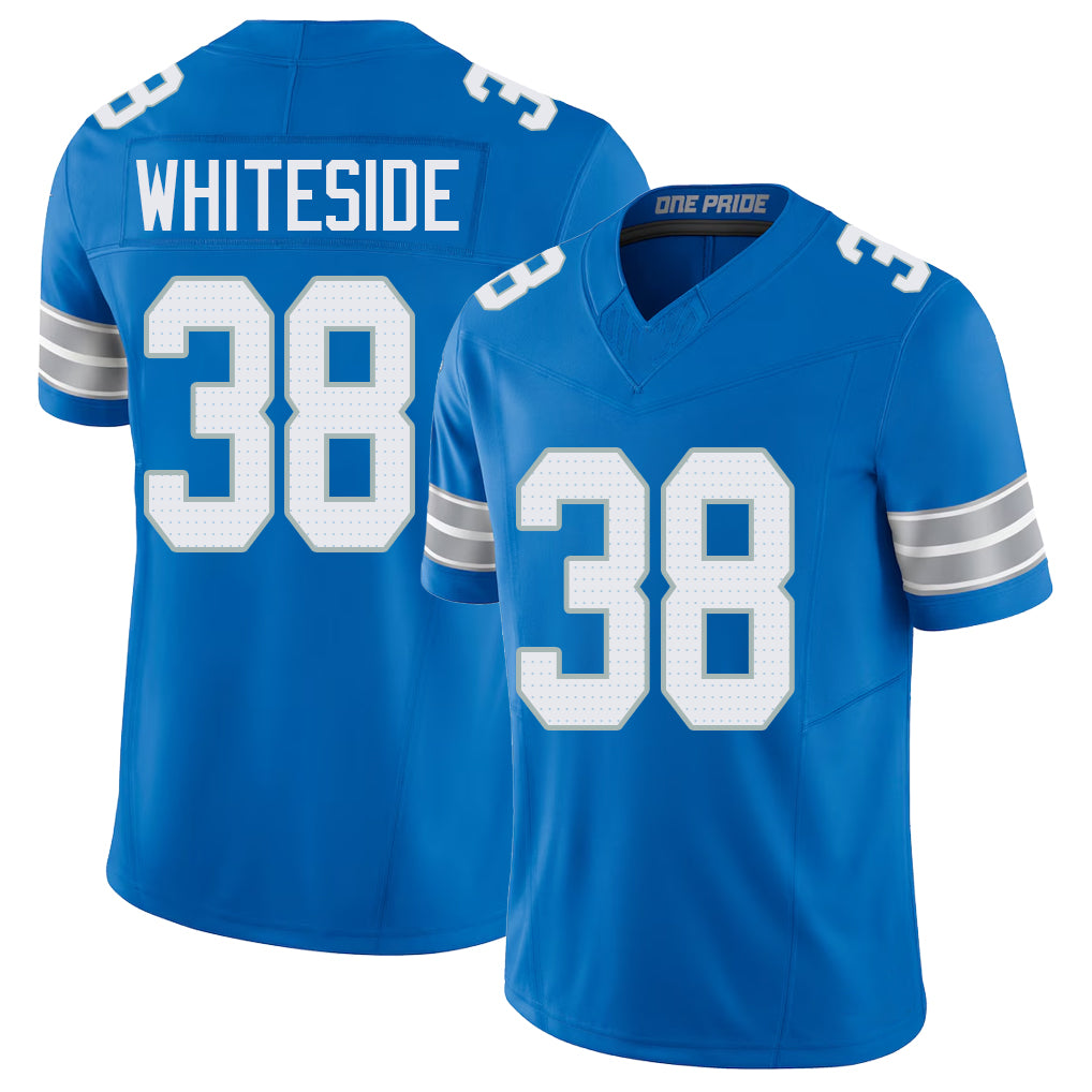 Detroit #38 Whiteside Player Football V Neck Short Sleeve Blue Jersey Nick For Men Youth Women Gift