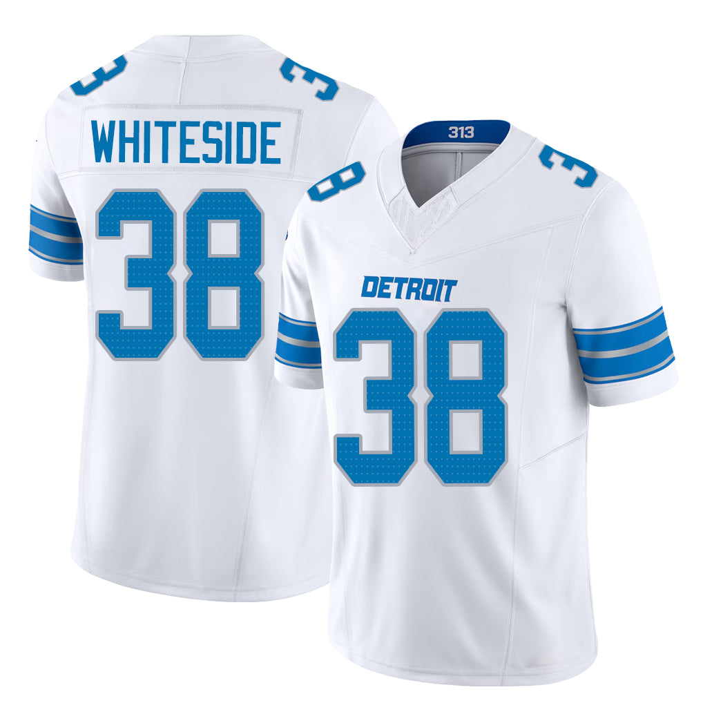 Detroit #38 Whiteside Player Football V Neck Short Sleeve White Jersey Nick For Men Youth Women Gift
