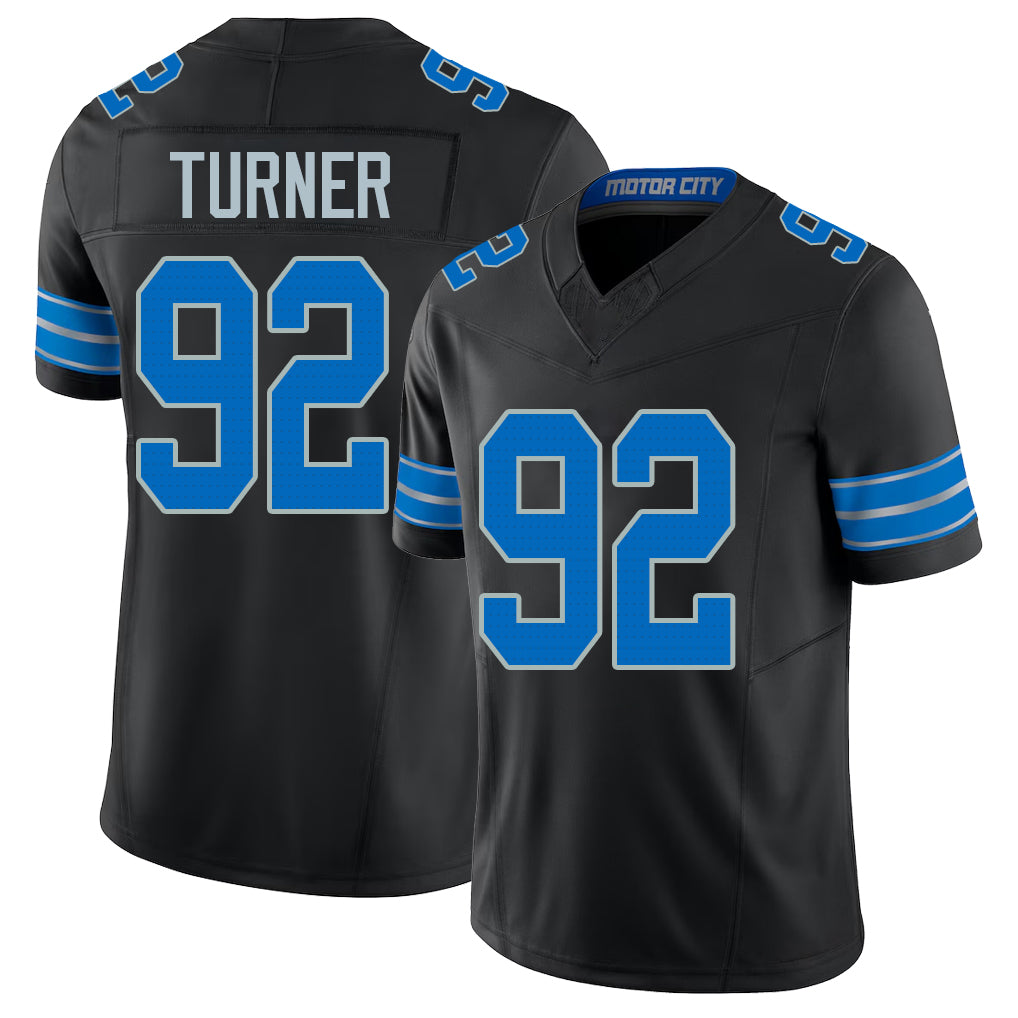Detroit #92 Turner Player Football V Neck Short Sleeve Black Jersey Payton For Men Youth Women Gift