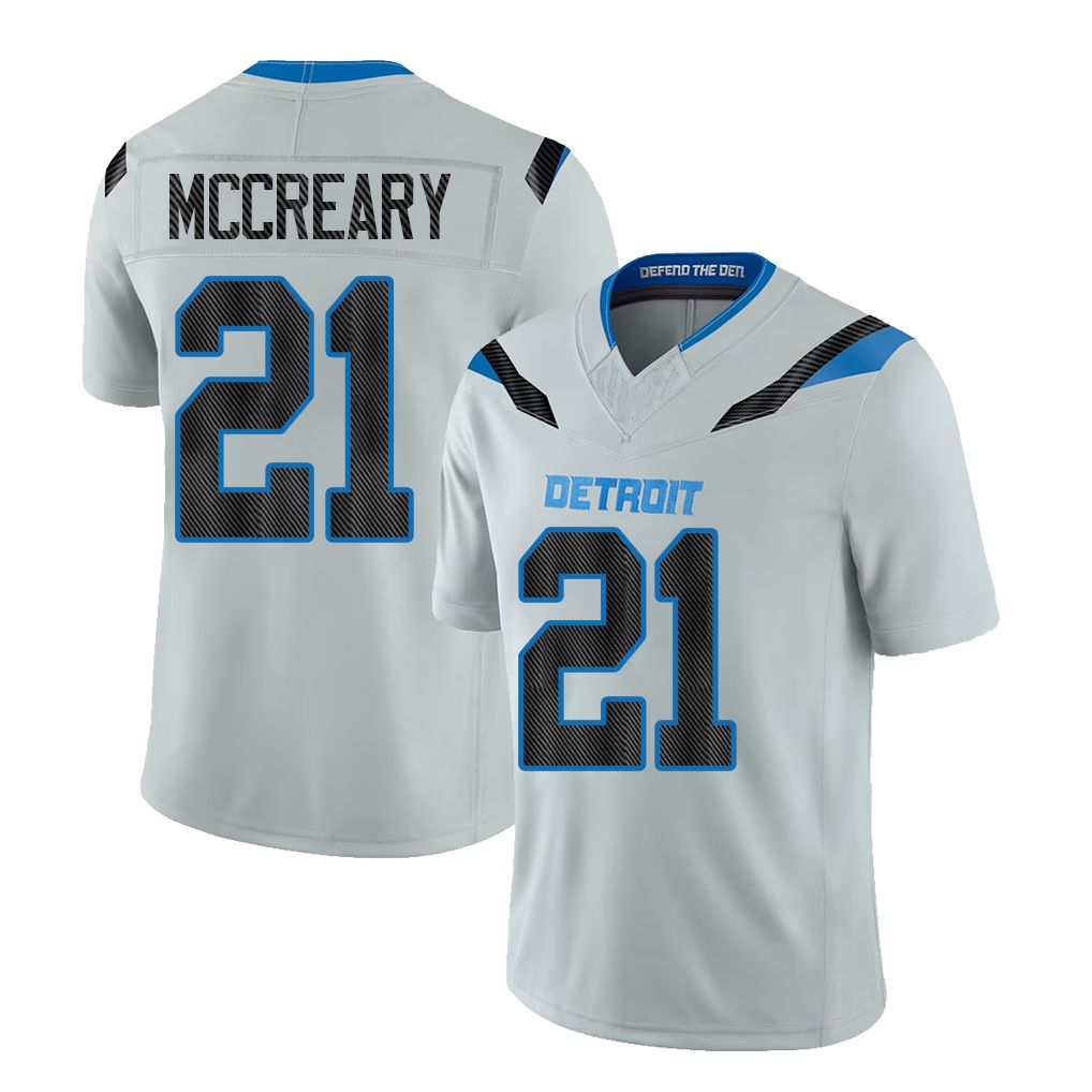 Detroit #21 McCreary Player Football V Neck Short Sleeve Silver Jersey Roger For Men Youth Women Gift