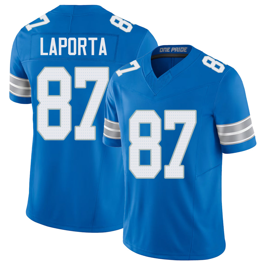 Detroit #87 LaPorta Player Football V Neck Short Sleeve Blue Jersey Sam For Men Youth Women Gift