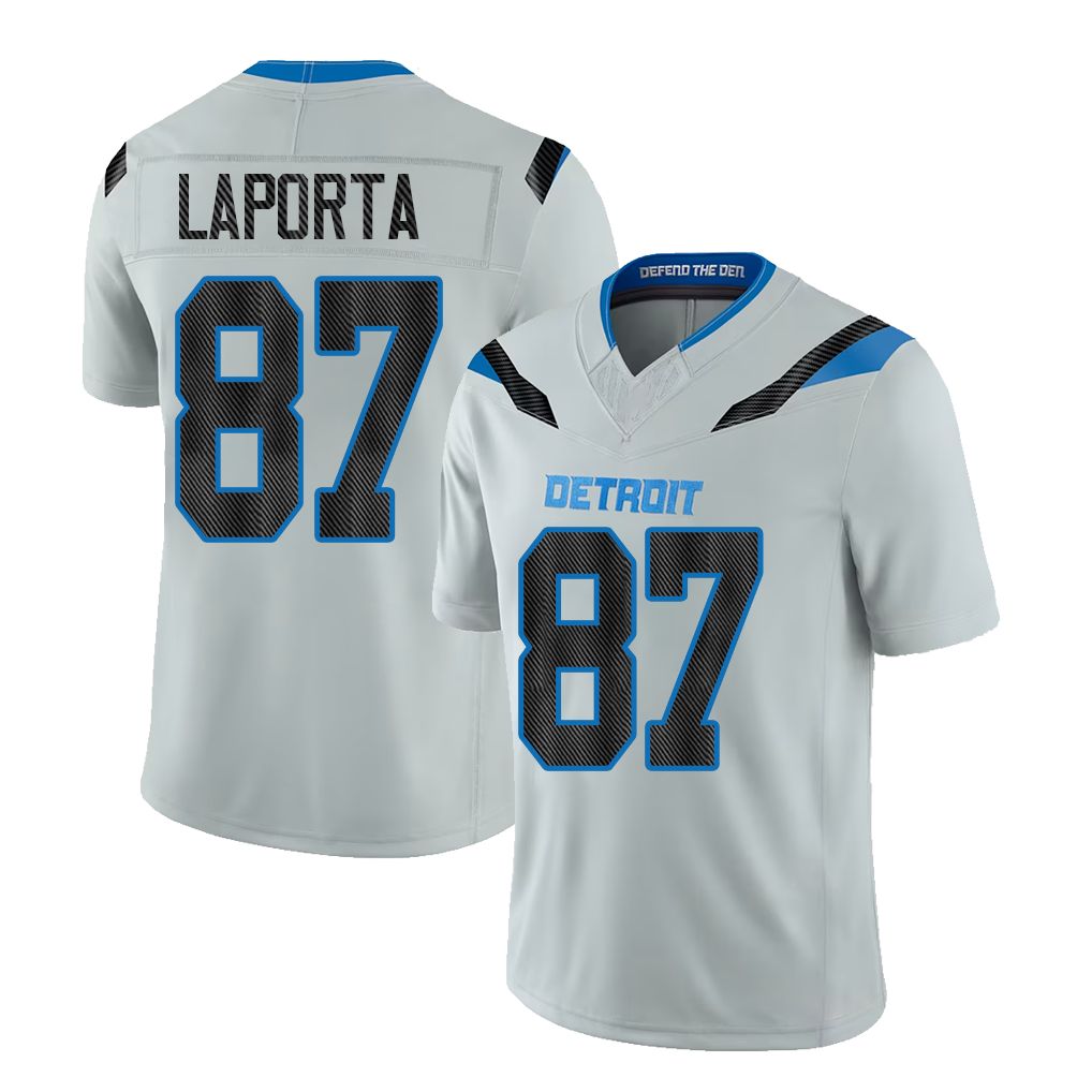 Detroit #87 LaPorta Player Football V Neck Short Sleeve Silver Jersey Sam For Men Youth Women Gift