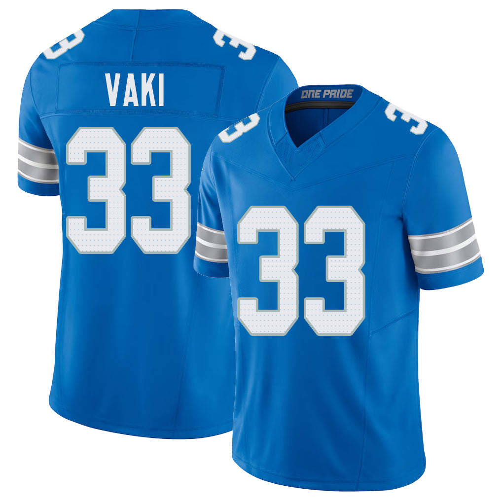Detroit #33 Vaki Player Football V Neck Short Sleeve Blue Jersey Sione For Men Youth Women Gift