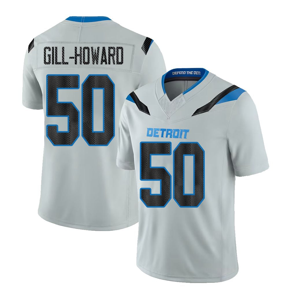 Detroit #50 Gill-Howard Player Football V Neck Short Sleeve Silver Jersey Skyler For Men Youth Women Gift
