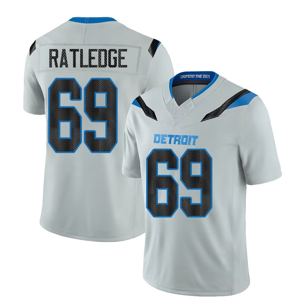 Detroit #69 Ratledge Player Football V Neck Short Sleeve Silver Jersey Tate For Men Youth Women Gift