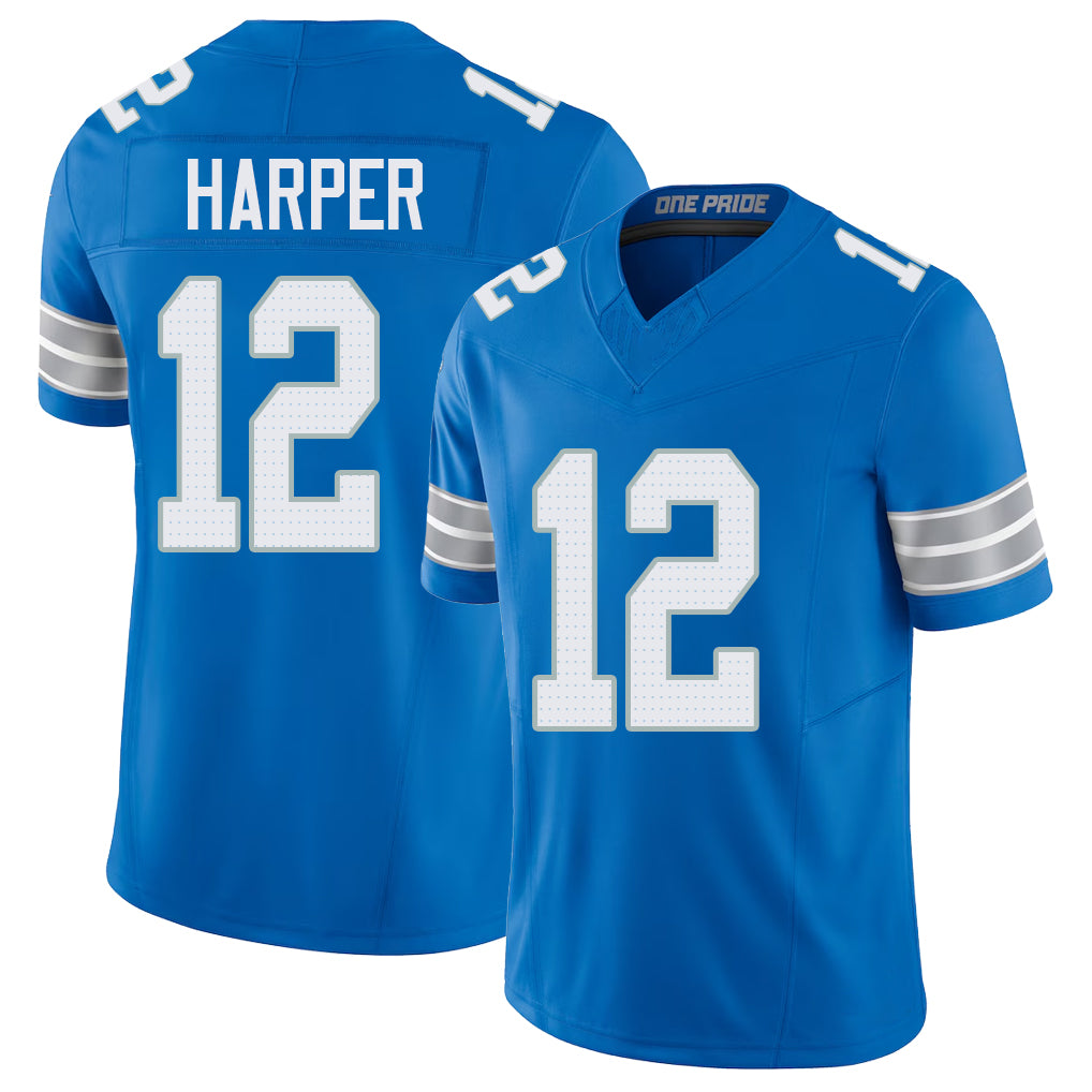 Detroit #12 Harper Player Football V Neck Short Sleeve Blue Jersey Thomas For Men Youth Women Gift