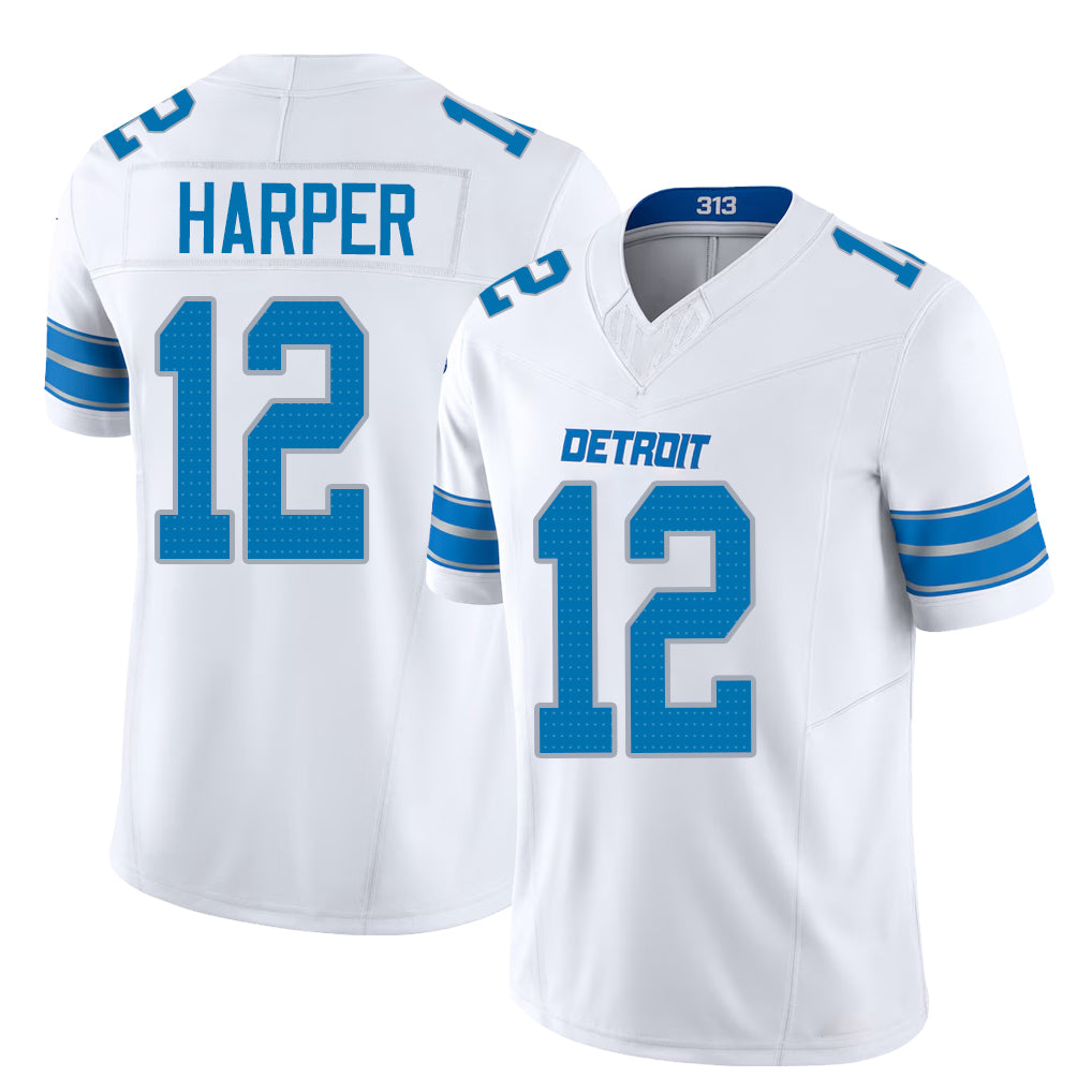 Detroit #12 Harper Player Football V Neck Short Sleeve White Jersey Thomas For Men Youth Women Gift