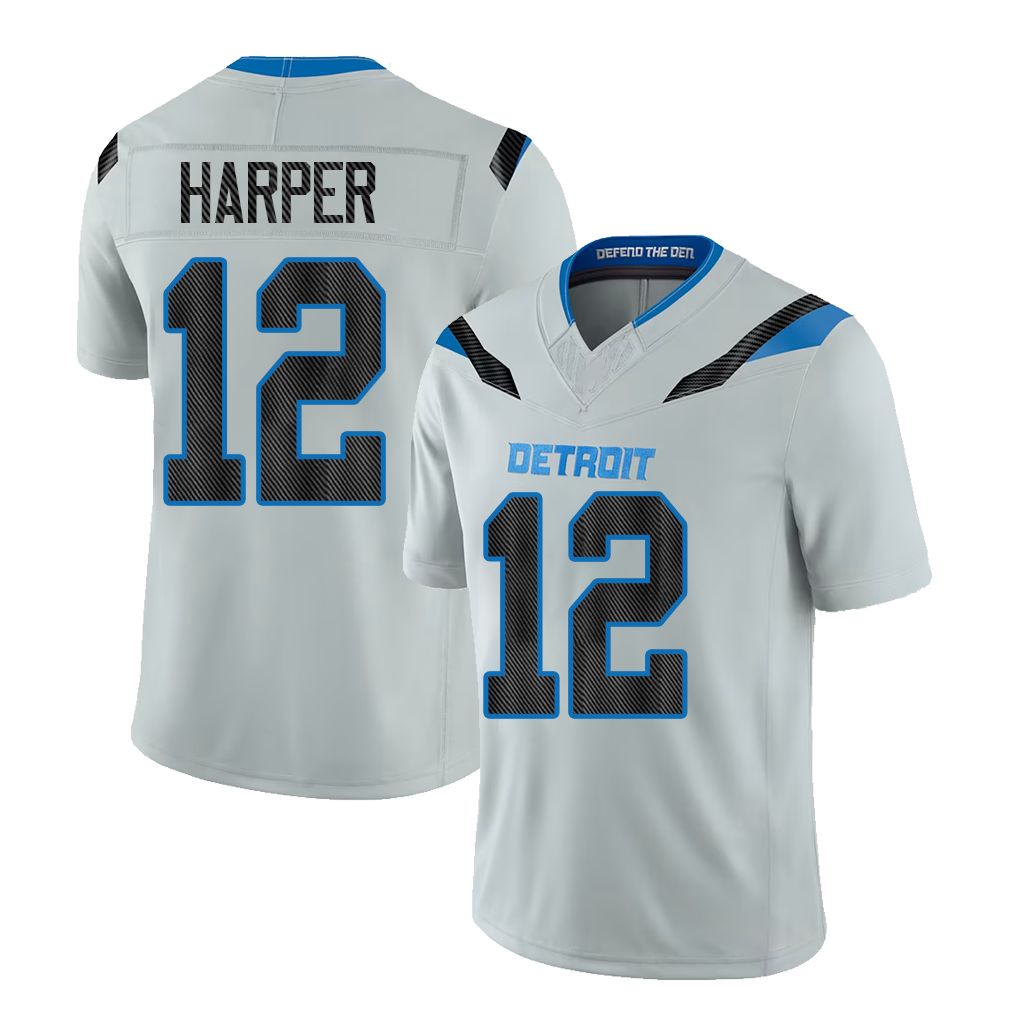 Detroit #12 Harper Player Football V Neck Short Sleeve Silver Jersey Thomas For Men Youth Women Gift
