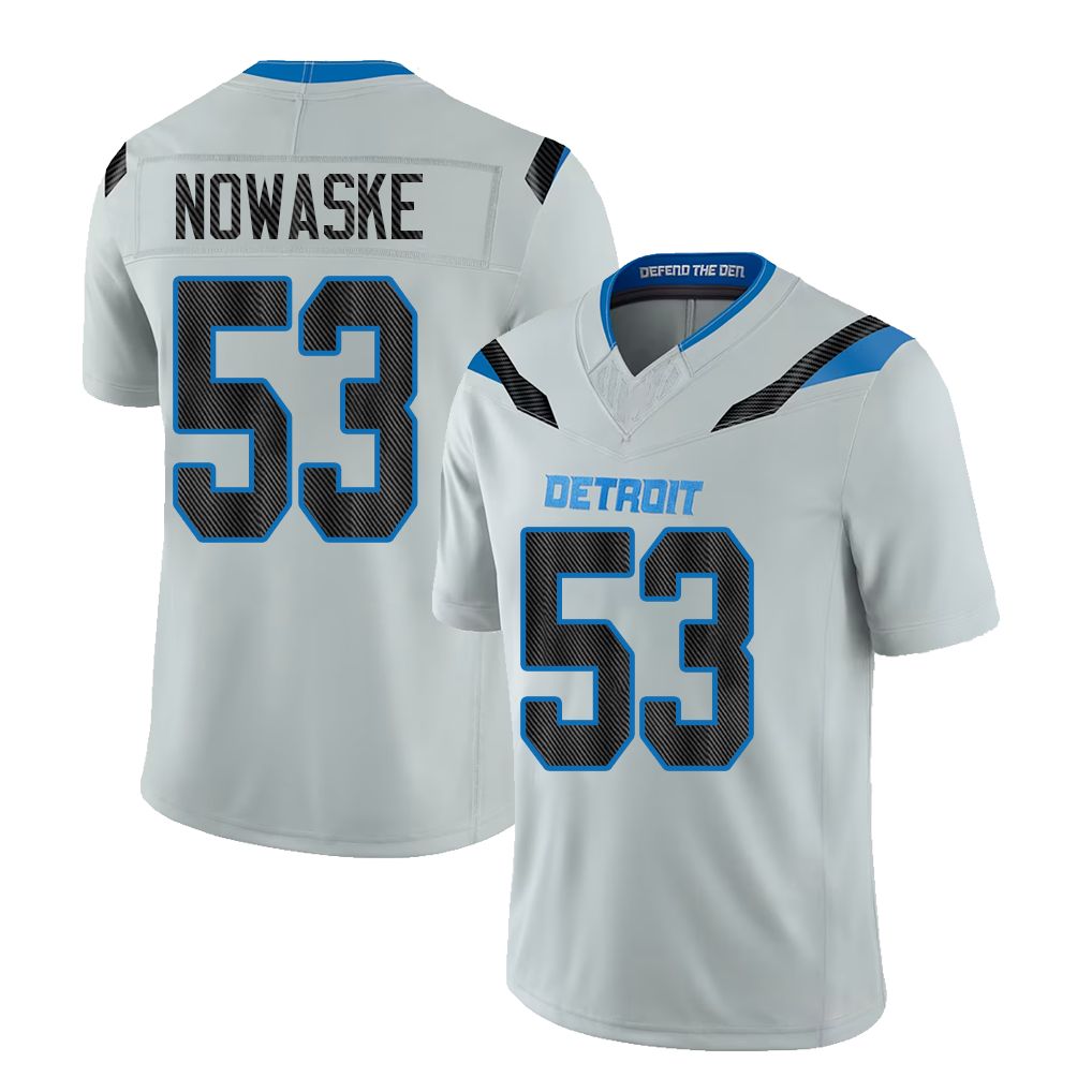 Detroit #53 Nowaske Player Football V Neck Short Sleeve Silver Jersey Trevor For Men Youth Women Gift