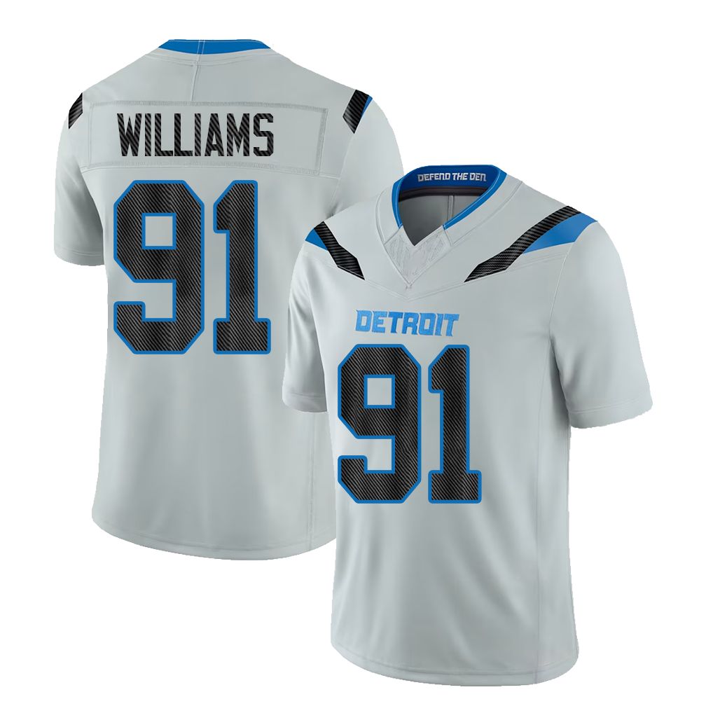 Detroit #91 Williams Player Football V Neck Short Sleeve Silver Jersey Tyleik For Men Youth Women Gift