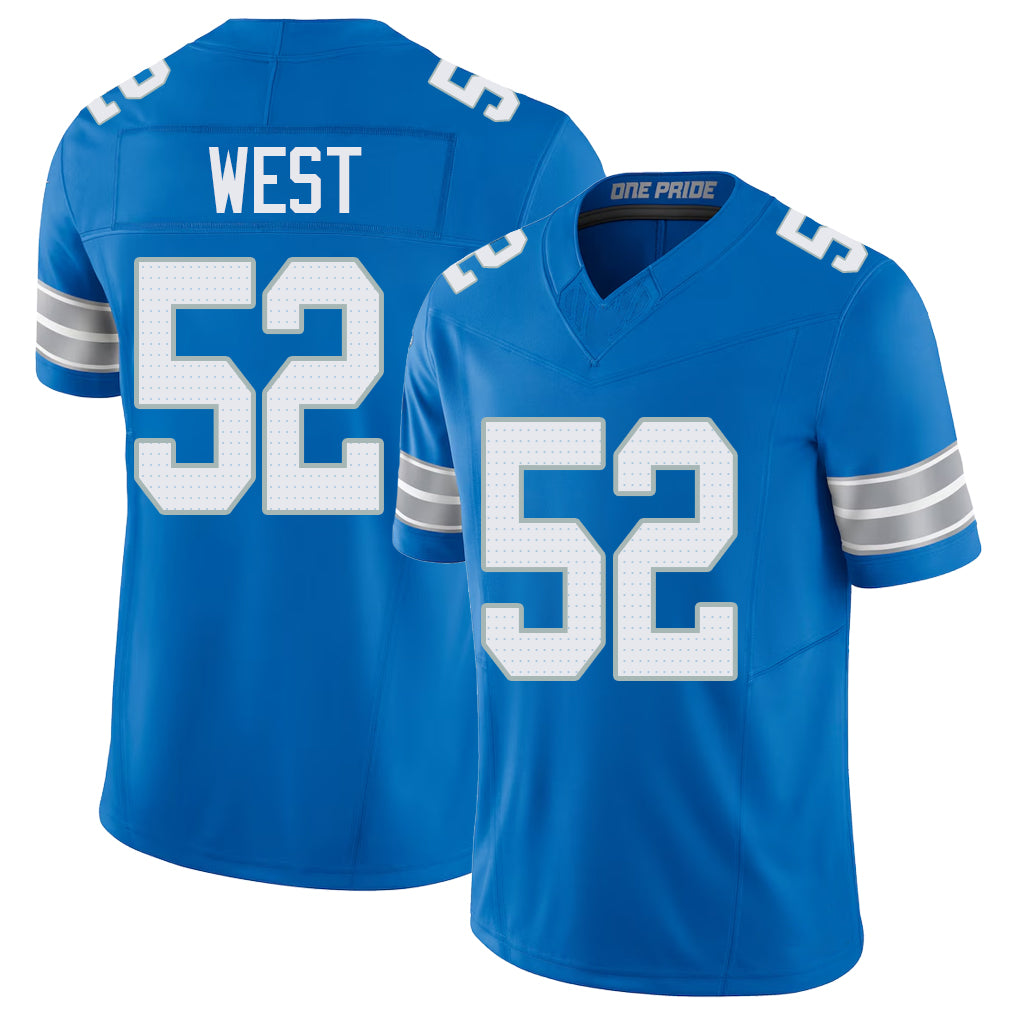 Detroit #52 West Player Football V Neck Short Sleeve Blue Jersey Tyre For Men Youth Women Gift