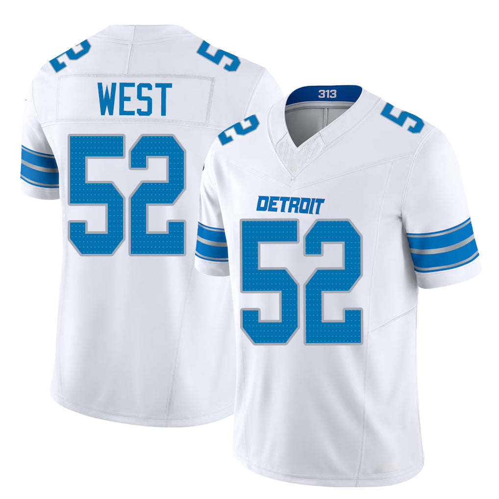 Detroit #52 West Player Football V Neck Short Sleeve White Jersey Tyre For Men Youth Women Gift