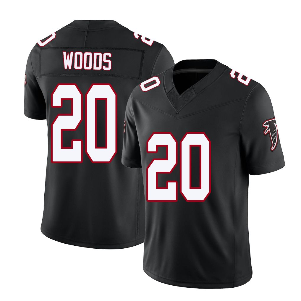 Atlanta #20 Woods Player Football V Neck Short Sleeve Black Throwback Jersey A.J. For Men Youth Women Gift