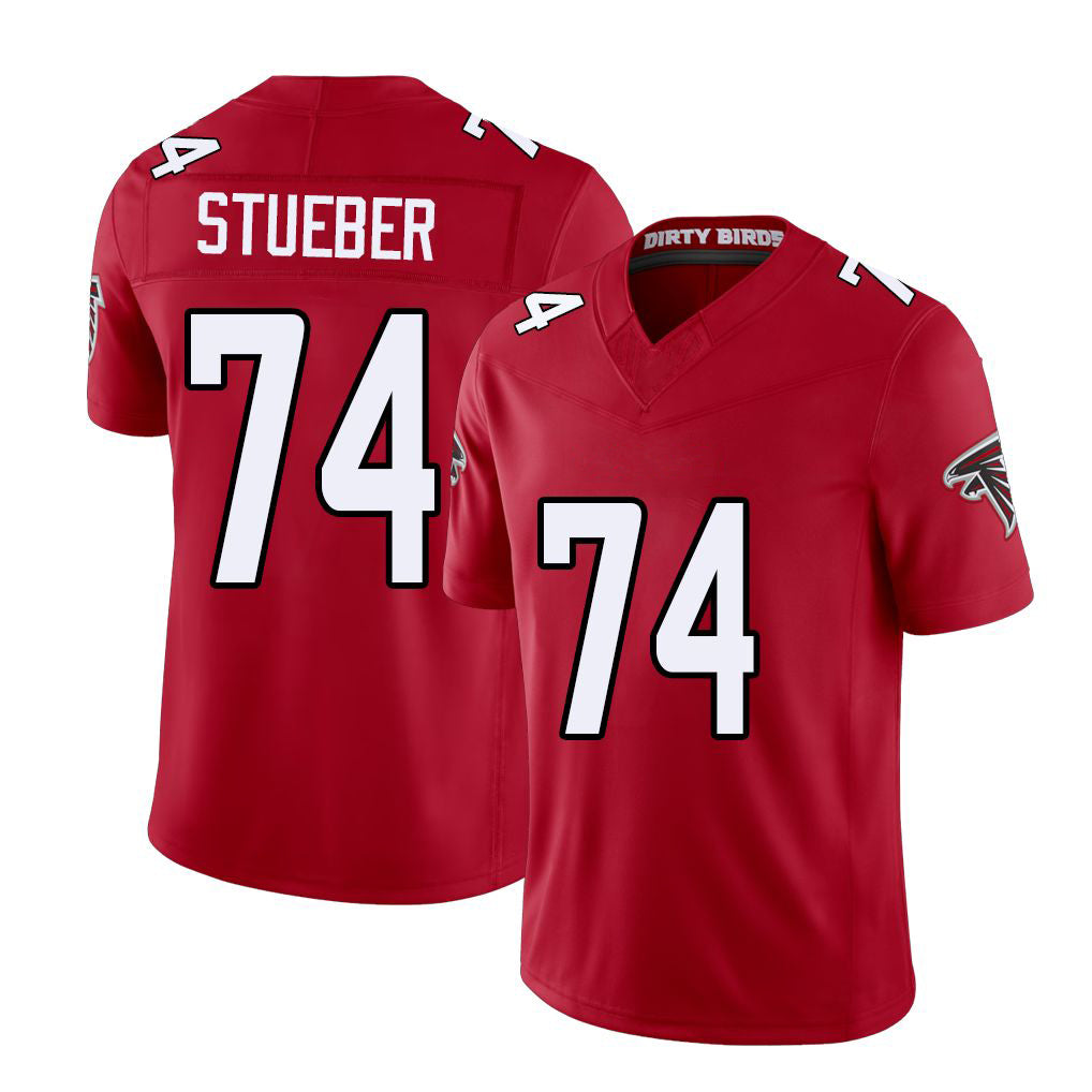 Atlanta #74 Stueber Player Football V Neck Short Sleeve Red Jersey Andrew For Men Youth Women Gift