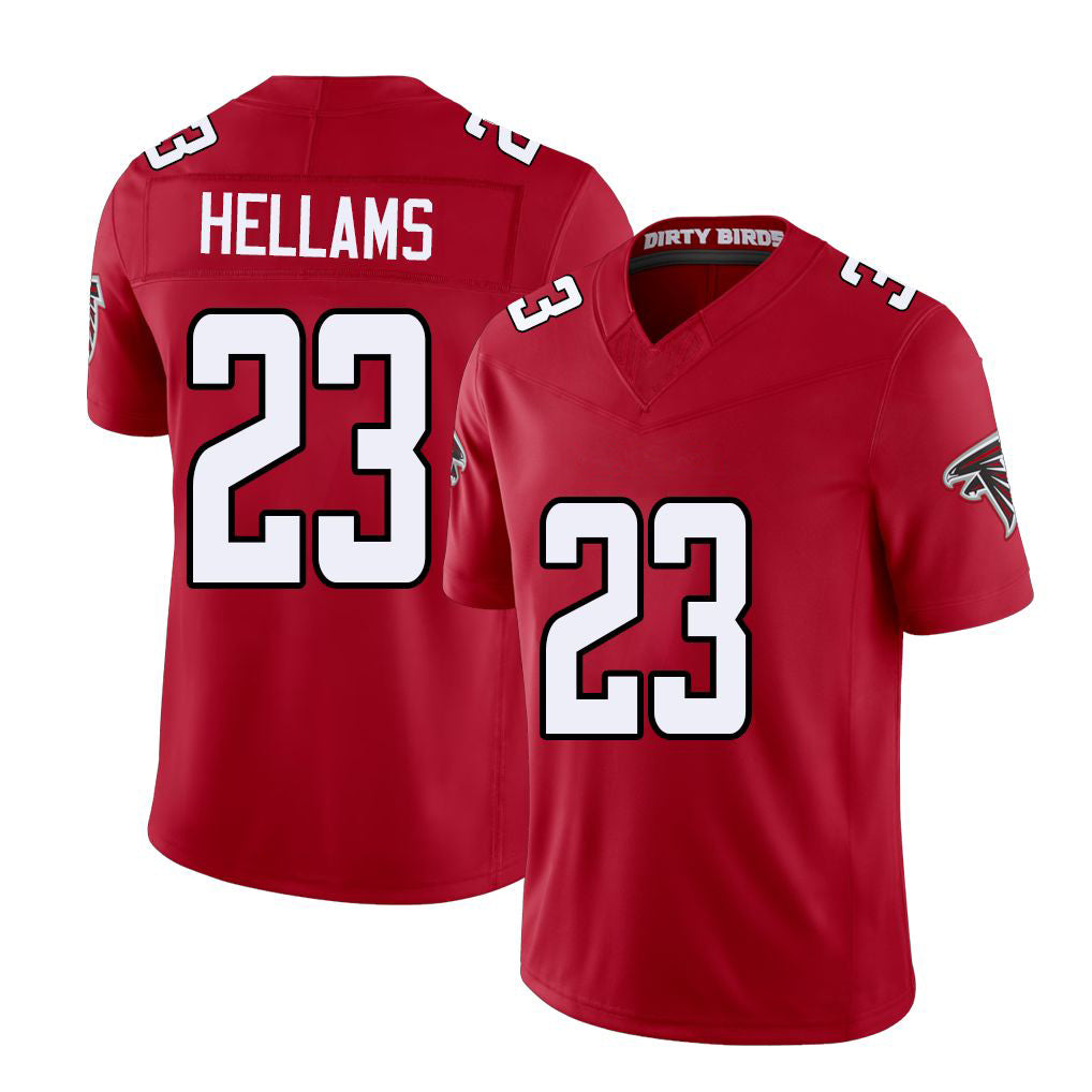Atlanta #23 Hellams Player Football V Neck Short Sleeve Red Jersey DeMarcco For Men Youth Women Gift