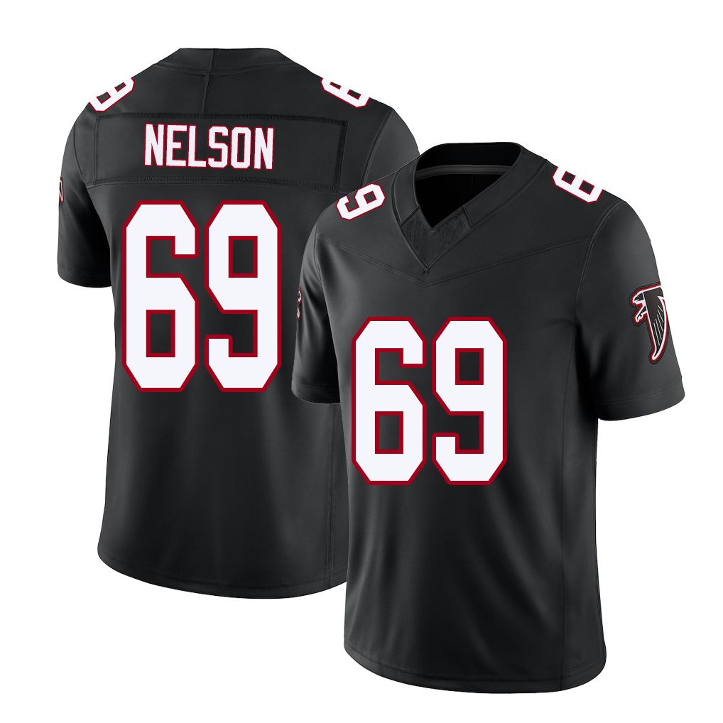 Atlanta #69 Nelson Player Football V Neck Short Sleeve Black Throwback Jersey Jack For Men Youth Women Gift