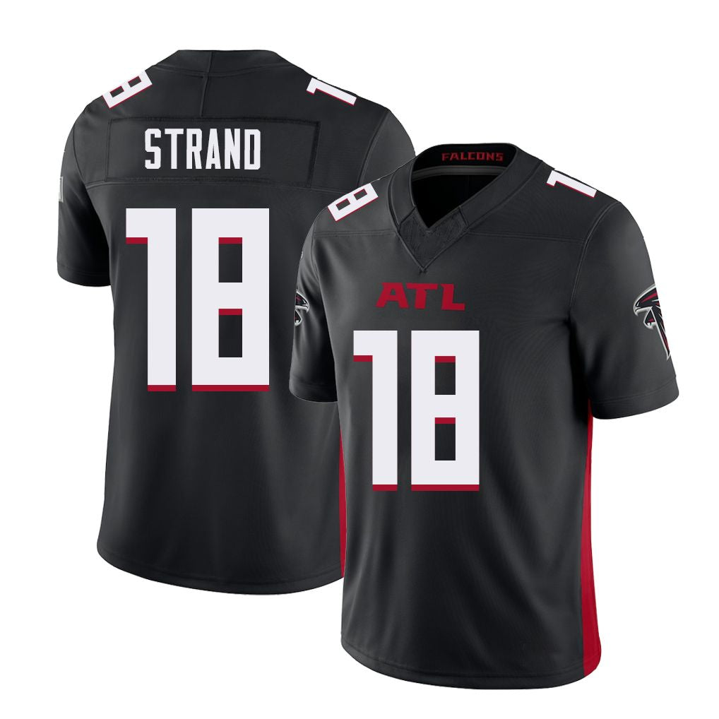 Atlanta #18 Strand Player Football V Neck Short Sleeve Black Jersey Jack For Men Youth Women Gift