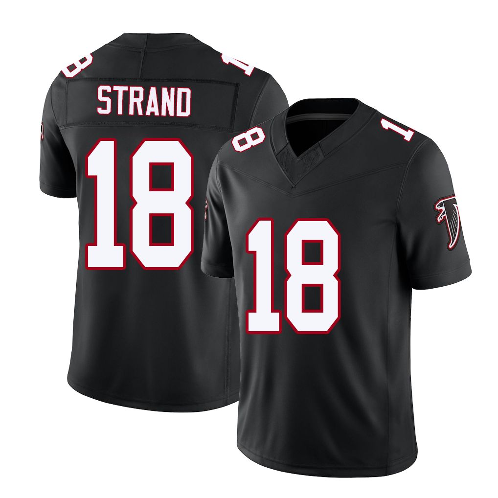 Atlanta #18 Strand Player Football V Neck Short Sleeve Black Throwback Jersey Jack For Men Youth Women Gift