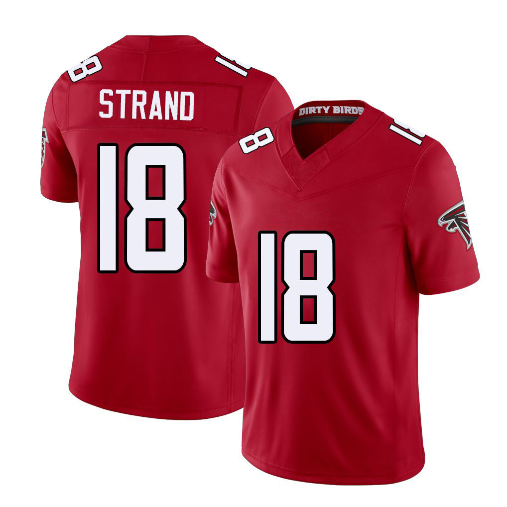 Atlanta #18 Strand Player Football V Neck Short Sleeve Red Jersey Jack For Men Youth Women Gift
