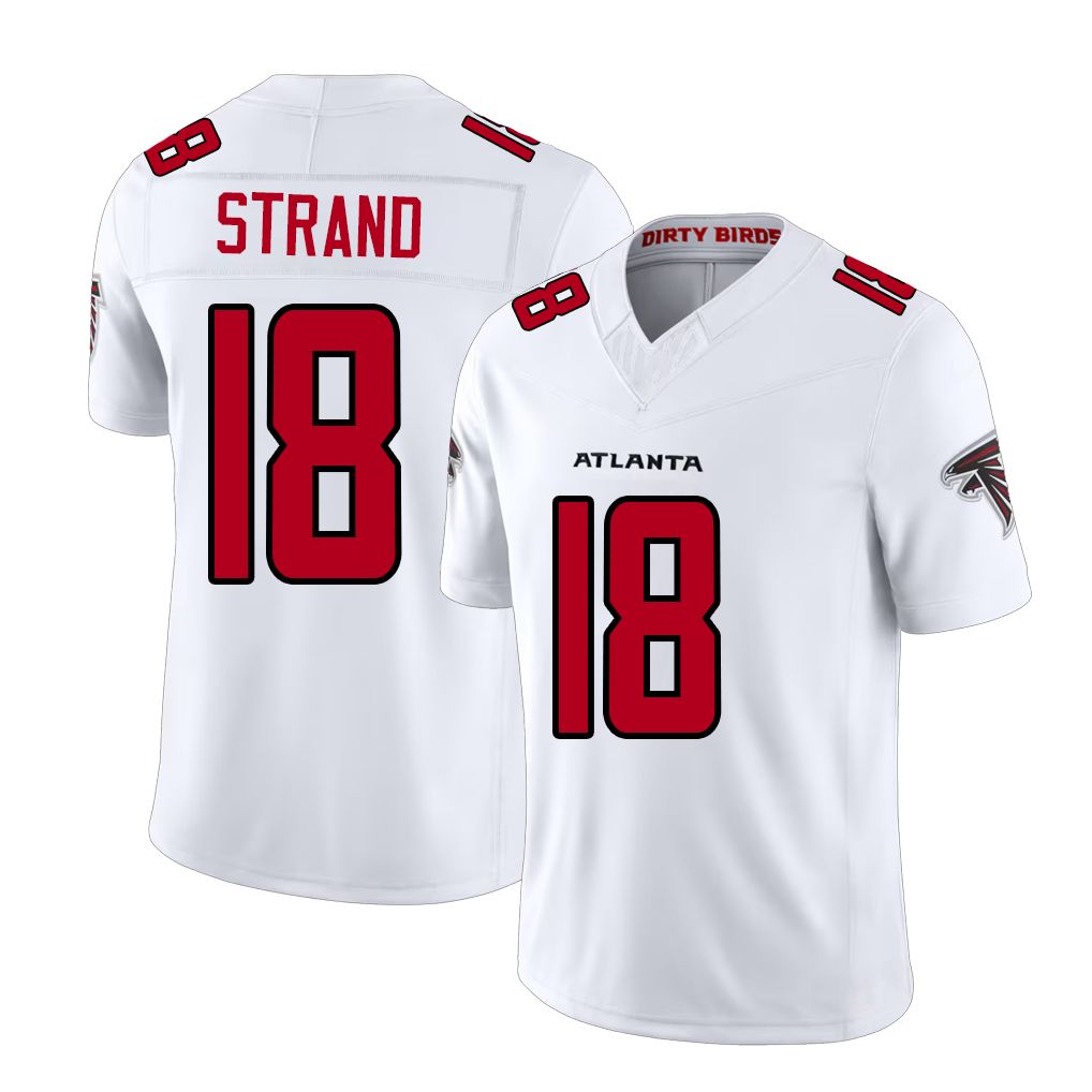Atlanta #18 Strand Player Football V Neck Short Sleeve White Jersey Jack For Men Youth Women Gift