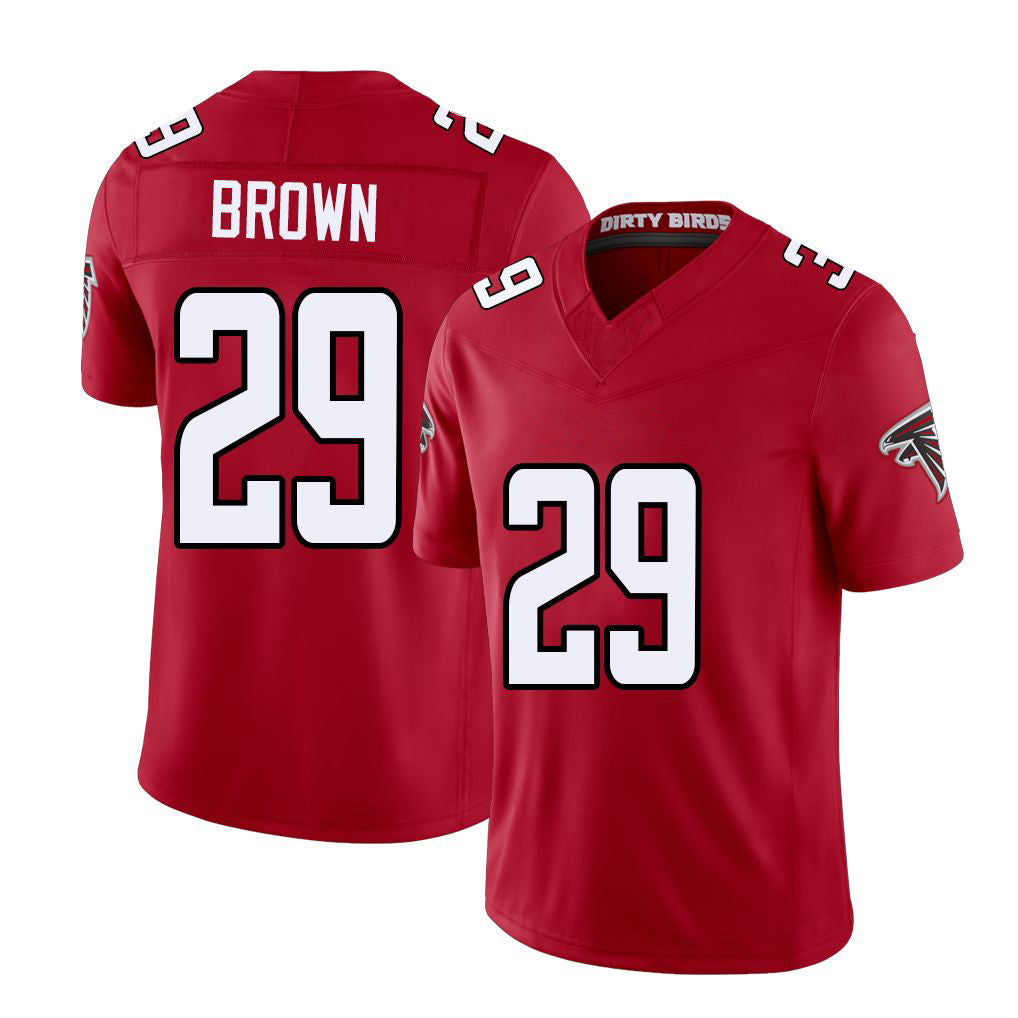 Atlanta #29 Brown Player Football V Neck Short Sleeve Red Jersey Sydney For Men Youth Women Gift