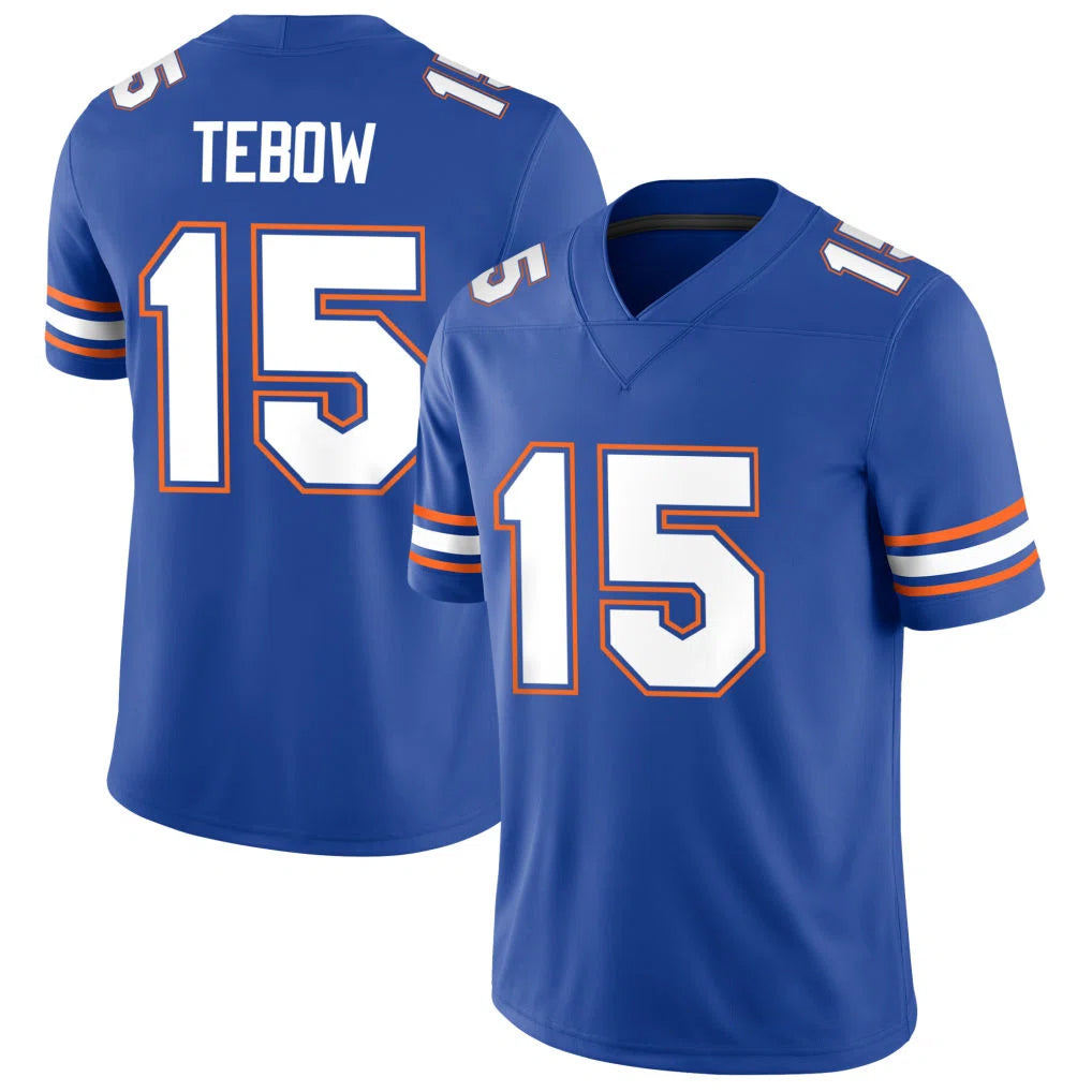 Florida #15 Tebow Player College Football V Neck Short Sleeve Blue Jersey Tim For Men Youth Women