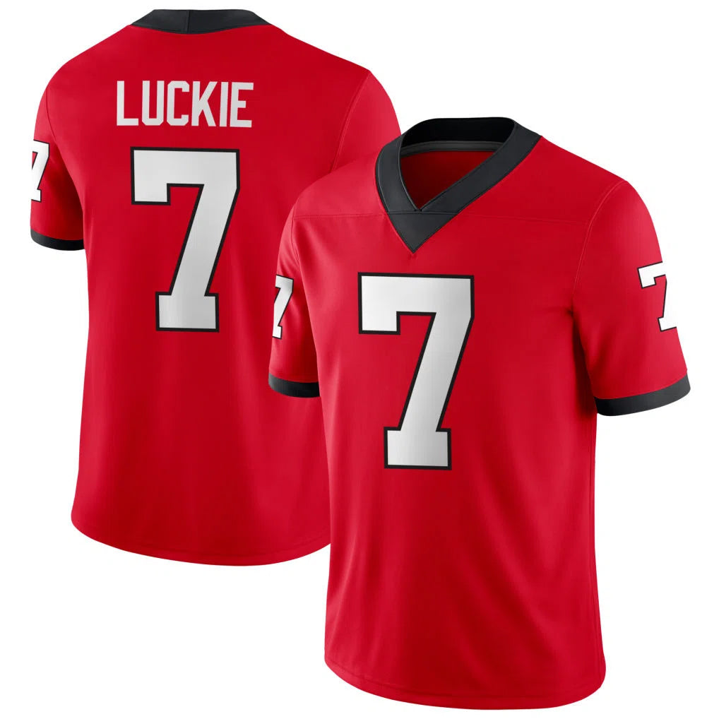 Georgia #7 Luckie Player College Football V Neck Short Sleeve Red Jersey Lawson For Men Youth Women