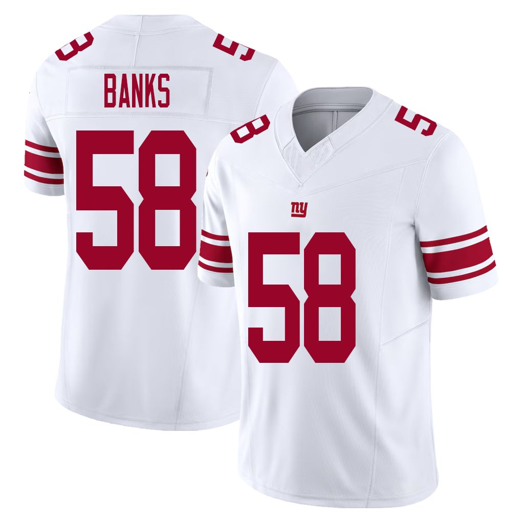 New York #58 Banks Player Football V Neck Short Sleeve White Jersey Carl For Men Youth Women Gift