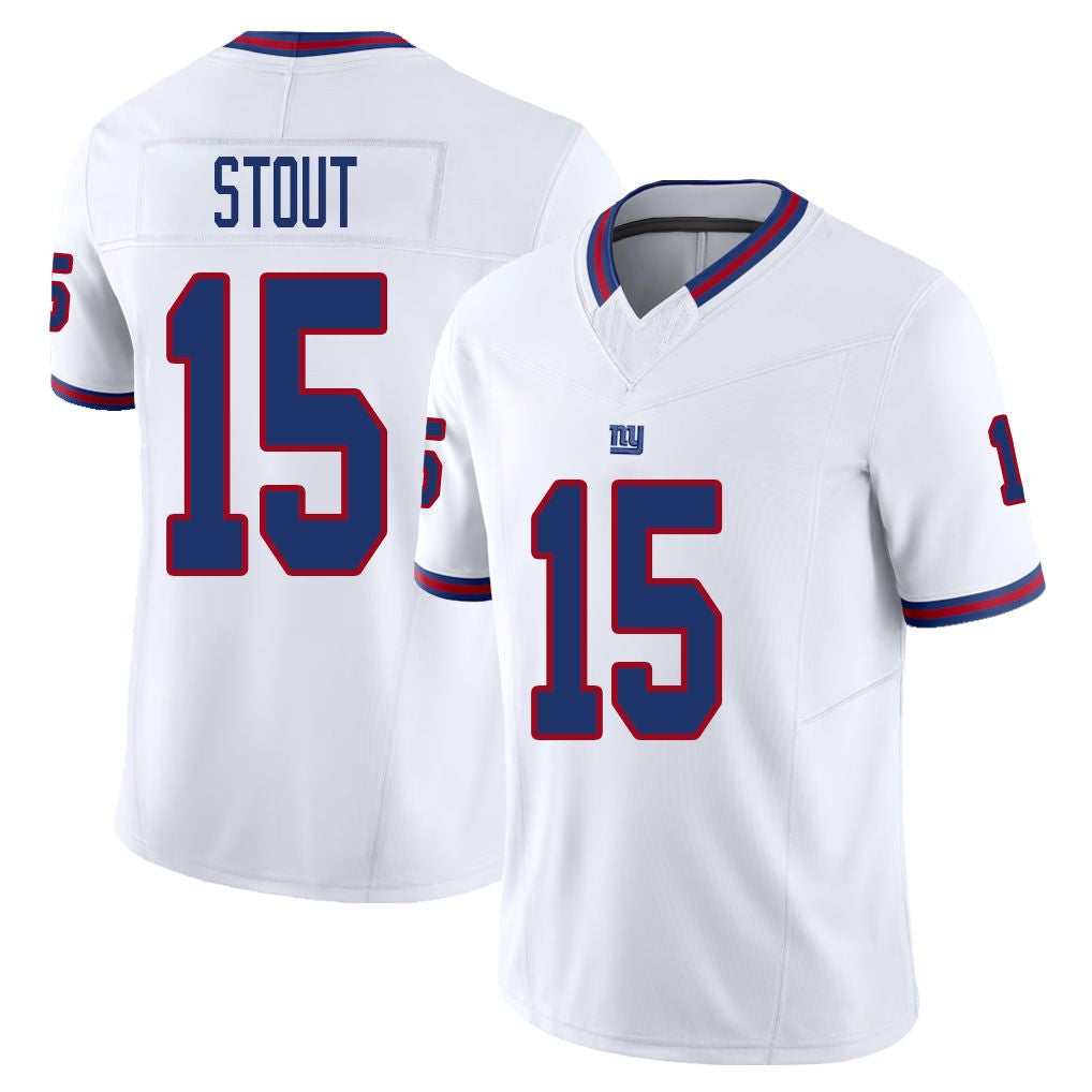 New York #15 Stout Player Football V Neck Short Sleeve White Jersey Jordan For Men Youth Women Gift