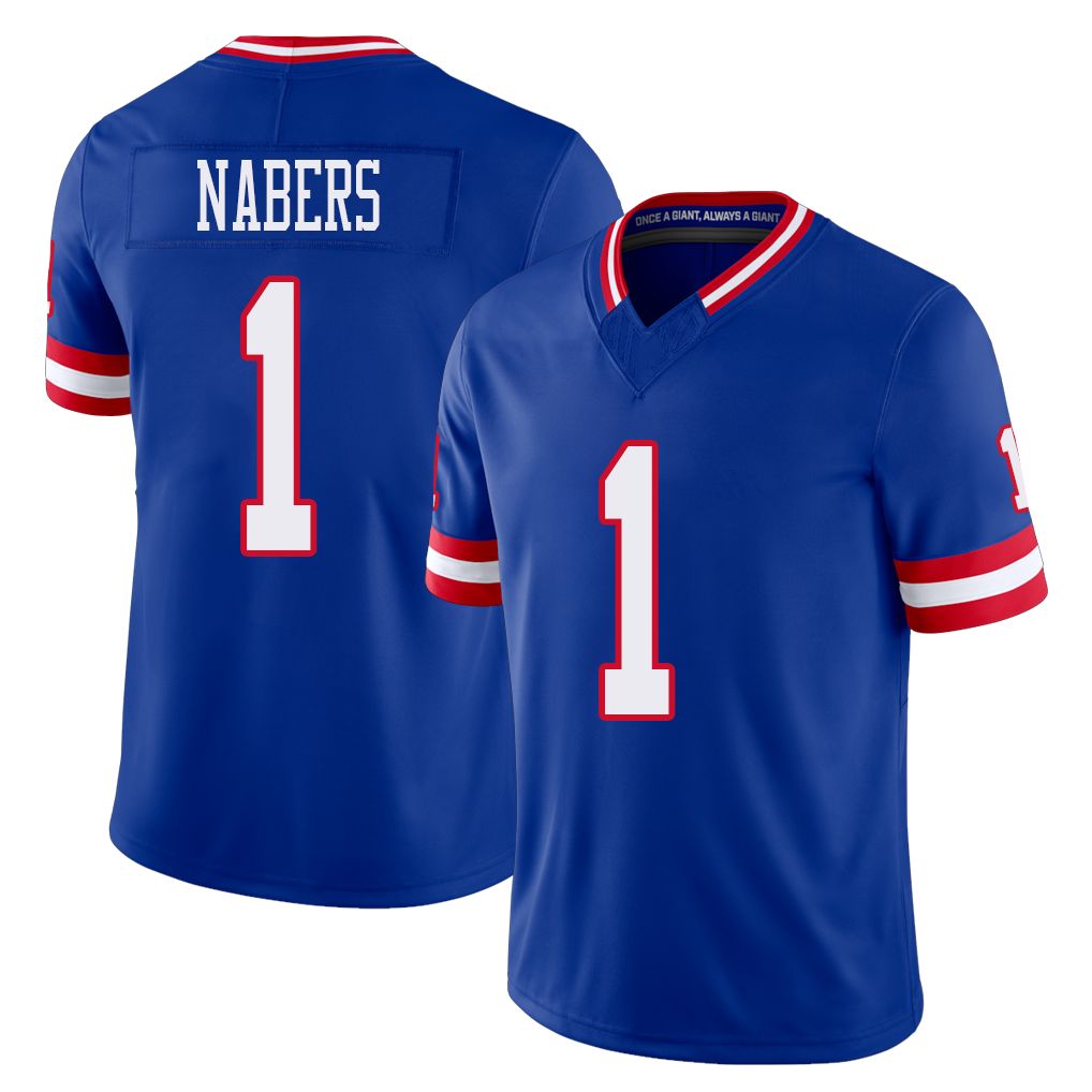 New York #1 Malik Player Football V Neck Short Sleeve Royal Jersey Nabers For Men Youth Women Gift