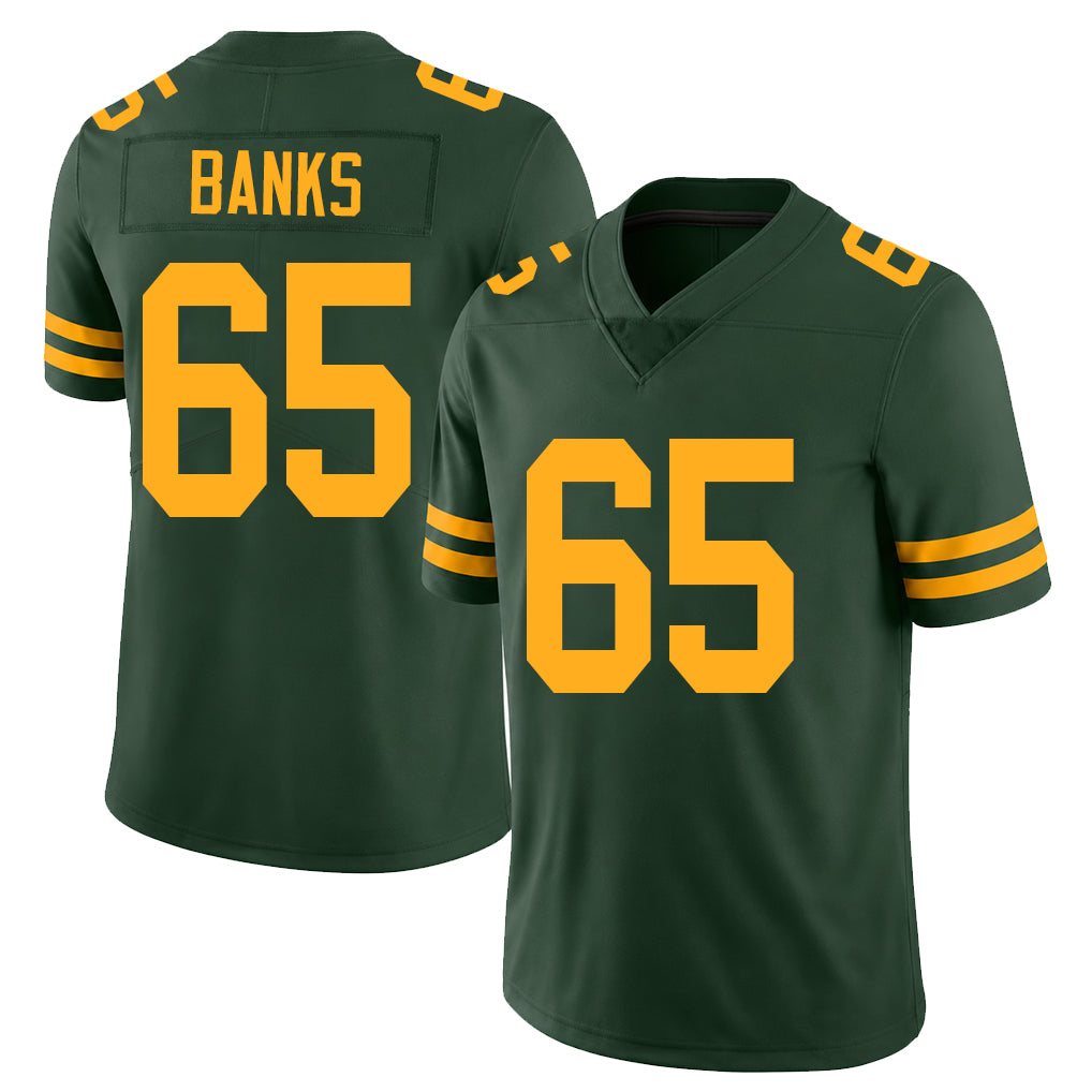 Green Bay #65 Banks Player Football V Neck Short Sleeve Jersey Green Aaron For Men Youth Women Gift