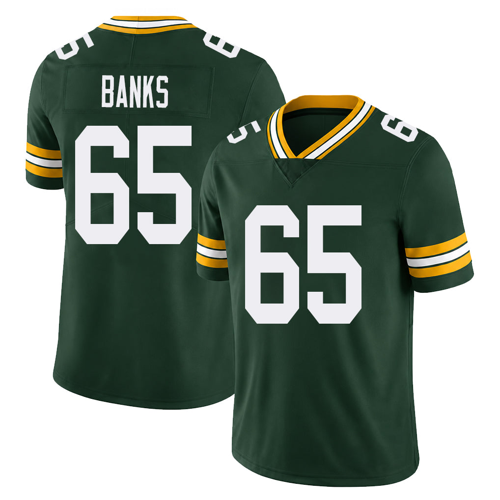 Green Bay #65 Banks Player Football V Neck Short Sleeve Green Jersey Aaron For Men Youth Women Gift