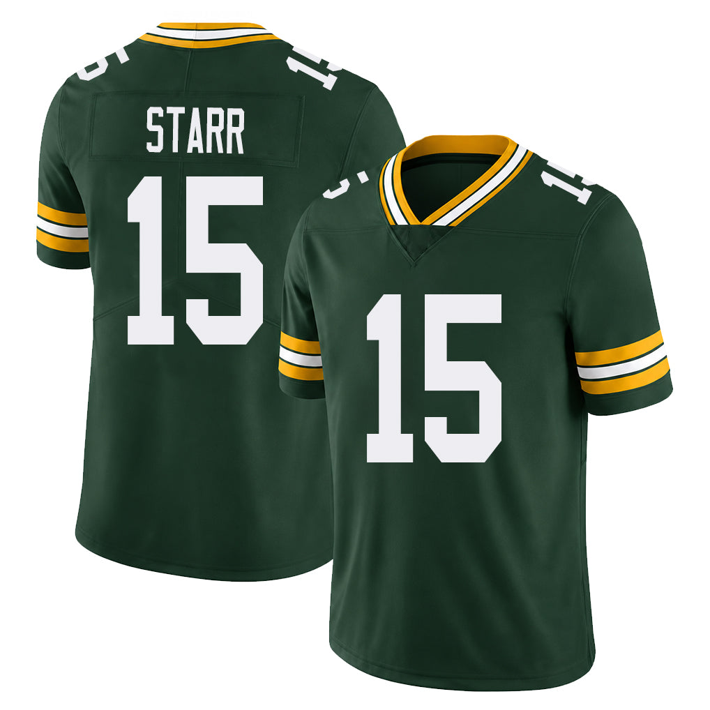 Green Bay #15 Starr Player Football V Neck Short Sleeve Green Jersey Bart For Men Youth Women Gift