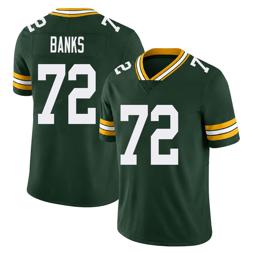 Green Bay #72 Banks Player Football V Neck Short Sleeve Green Jersey Brant For Men Youth Women Gift