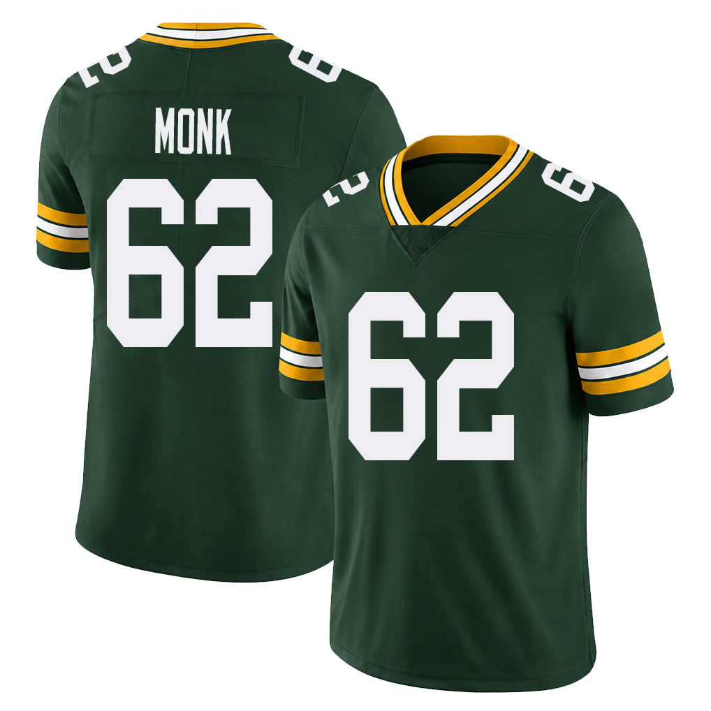 Green Bay #62 Monk Player Football V Neck Short Sleeve Green Jersey Jacob For Men Youth Women Gift