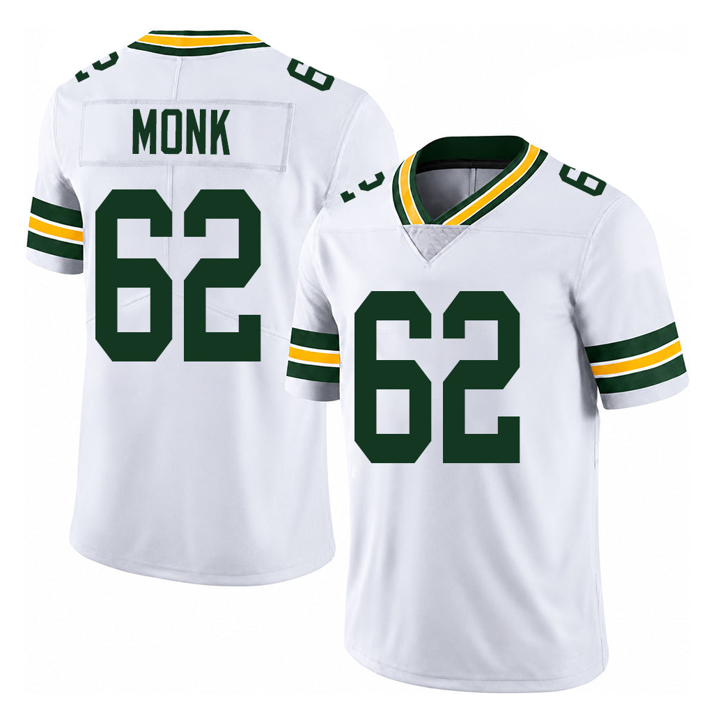 Green Bay #62 Monk Player Football V Neck Short Sleeve White Jersey Jacob For Men Youth Women Gift