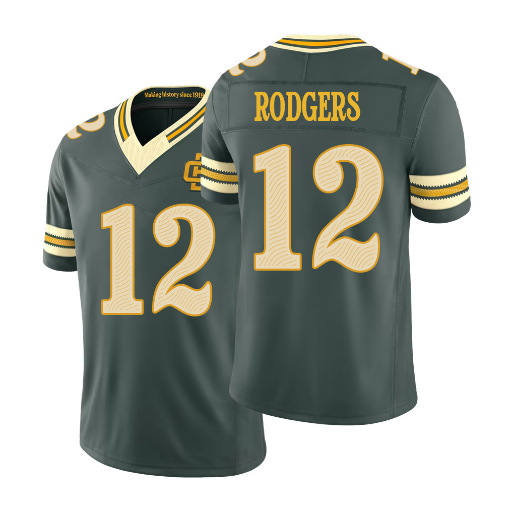 Green Bay #12 Rodgers Player Football V Neck Short Sleeve Green Jersey Aaron For Men Youth Women Gift