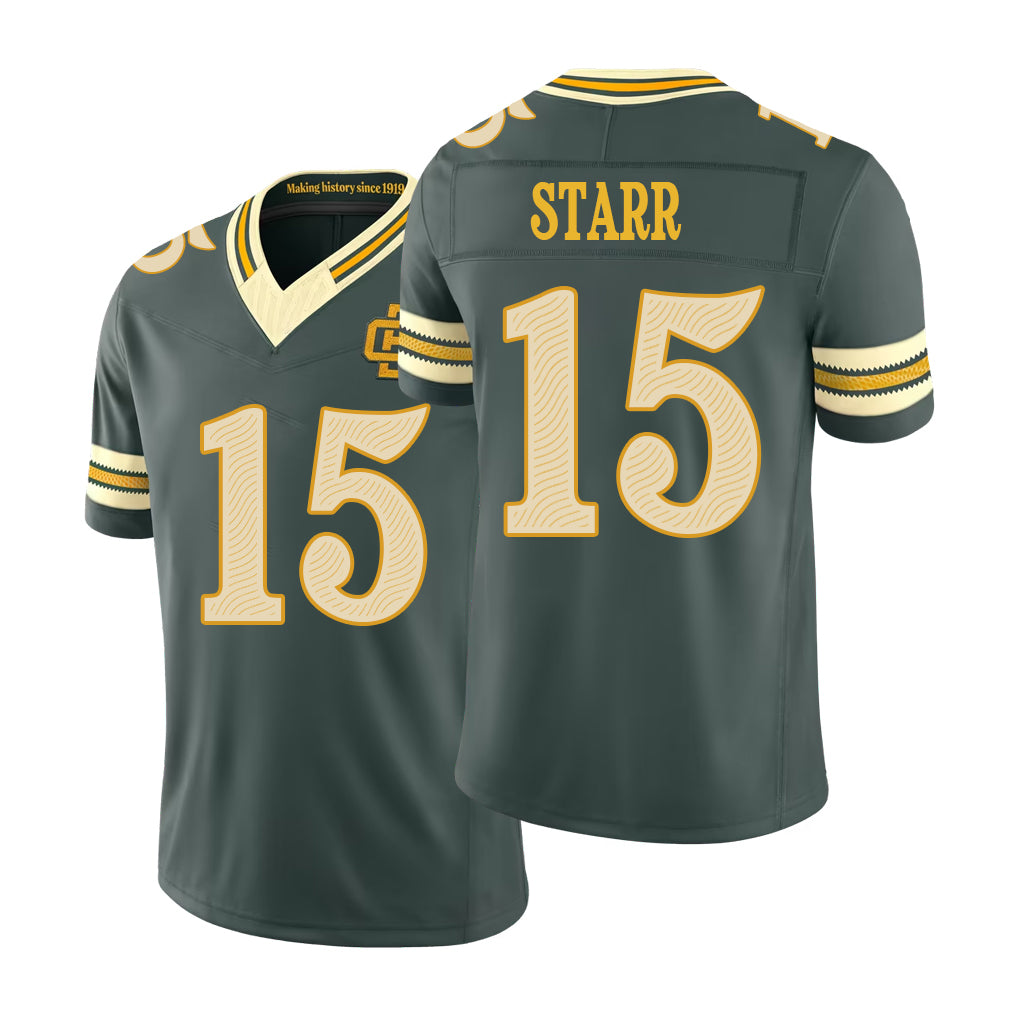 Green Bay #15 Starr Player Football V Neck Short Sleeve Green Jersey Bart For Men Youth Women Gift