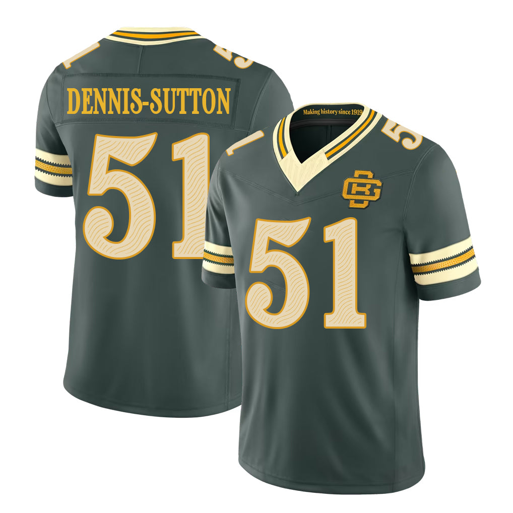 Green Bay #51 Dennis-Sutton Player Football V Neck Short Sleeve Green Jersey Dani For Men Youth Women Gift