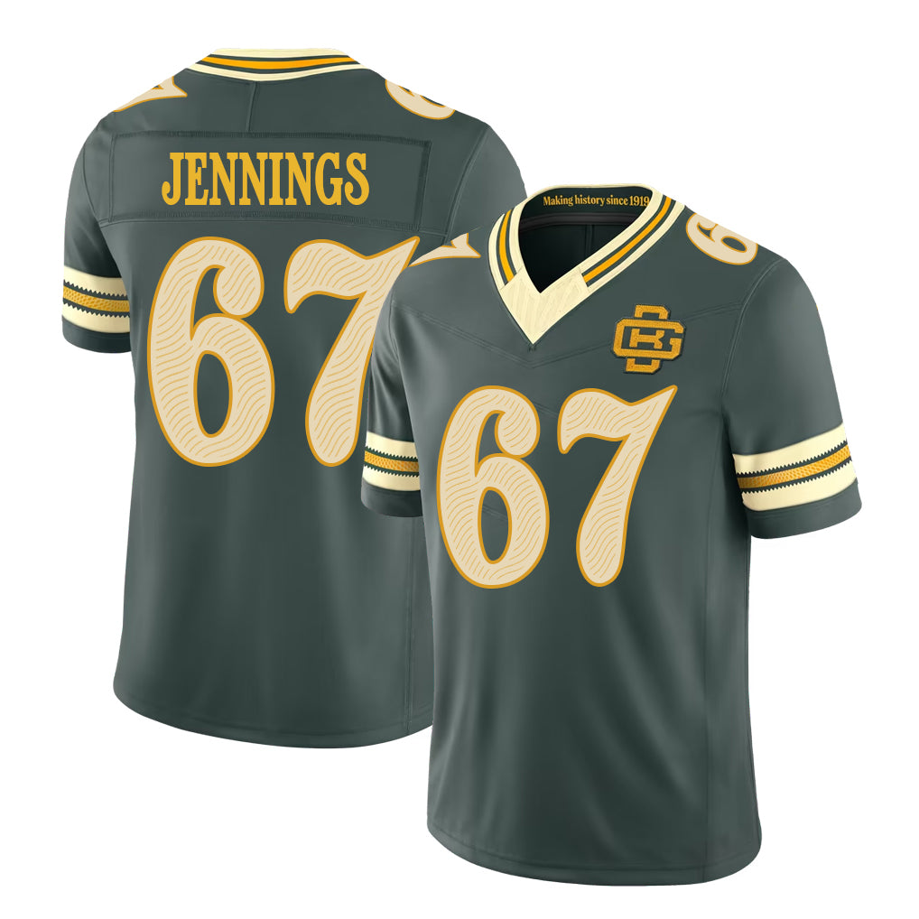 Green Bay #67 Jennings Player Football V Neck Short Sleeve Green Jersey Donovan For Men Youth Women Gift