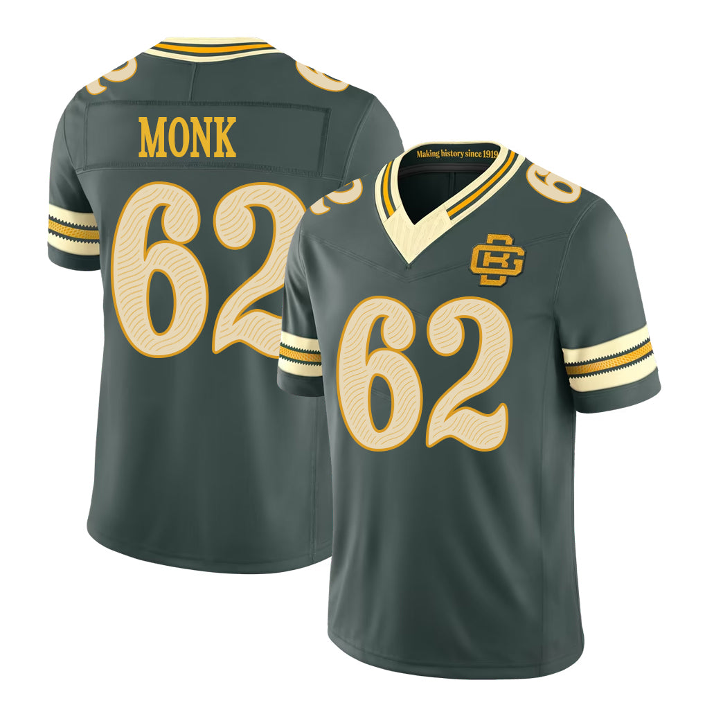 Green Bay #62 Monk Player Football V Neck Short Sleeve Green Jersey Jacob For Men Youth Women Gift