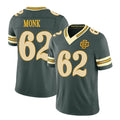 Green Bay #62 Monk Player Football V Neck Short Sleeve Green Jersey Jacob For Men Youth Women Gift