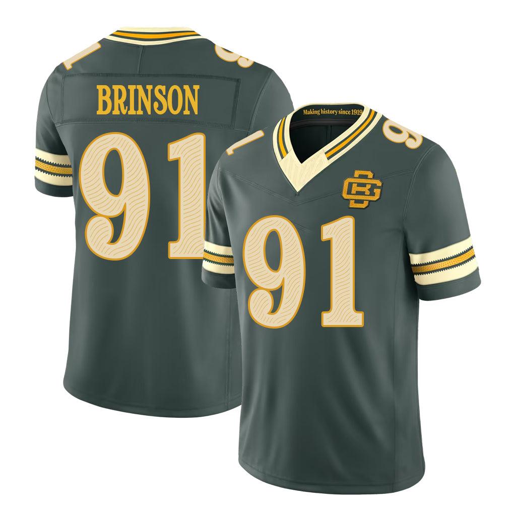 Green Bay #91 Brinson Player Football V Neck Short Sleeve Green Jersey Warren For Men Youth Women Gift