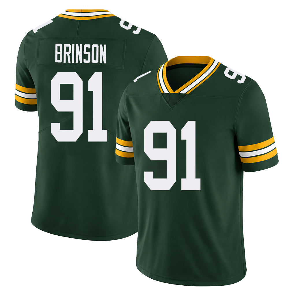 Green Bay #91 Brinson Player Football V Neck Short Sleeve Green Jersey Warren For Men Youth Women Gift