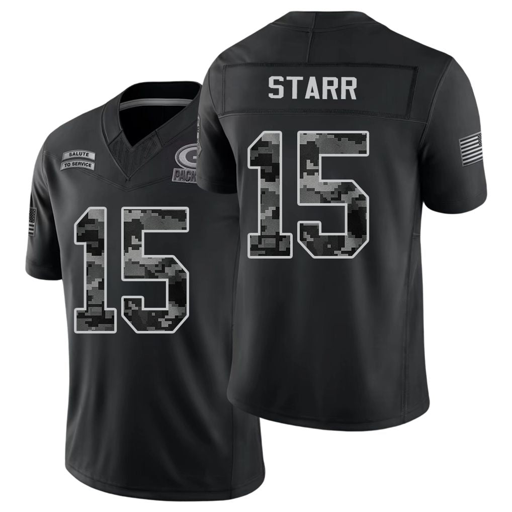 Green Bay #15 Starr Player Football V Neck Short Sleeve Black Jersey Bart For Men Youth Women Gift
